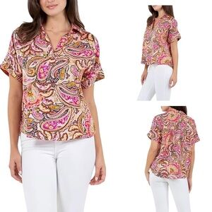 Single Thread Pink Paisley Satin Like Top with Collar, Paisley Print Blouse S